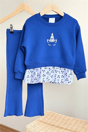 2-8 Yaş Unicorn Çiçek Detay İspanyol Kız Çocuk Takım Mavi