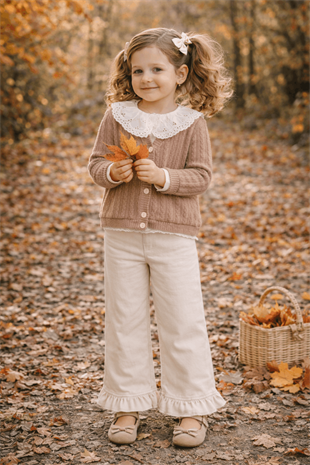 4-8 Yaş Dantel Bebe Yaka Hırka Paça Detay Pantolon Kız Takım Sütlü Kahve