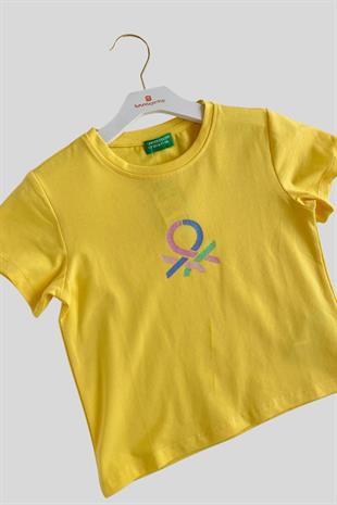 4-14 Yaş Benetton Sim Baskı Kız Çocuk Tişört Sarı