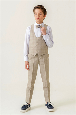 Karo Ekose Yelekli Zincirli Çocuk Takım Elbise Latte