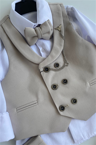 Smart Katlamalı Yelekli Çocuk Takım Elbise Bej