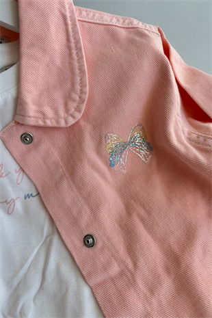 4-8 Yaş Kelebek Baskılı Gabardin 3lü Kız Çocuk Takım Yavru Ağzı Pudra