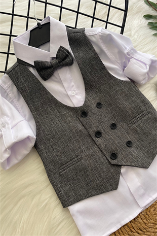 Yelekli Papyonlu Katyonik Erkek Çocuk Takım Elbise Gri