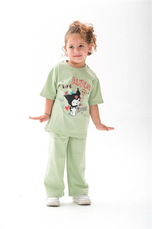 1-12 Yaş Kuromi Kısa Kol Eşofman Kız Çocuk Takım Yeşil