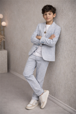 3-14 Yaş Vega Premium Çizgili Kolyeli Keten Çocuk Takım Elbise Bebe Mavi