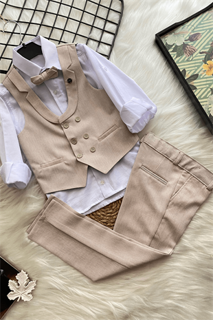 Katlama Detay Yelekli Rozetli Çocuk Takım Elbise Krem