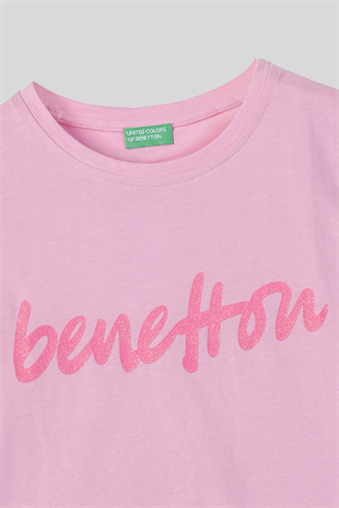 4-14 Yaş Benetton Simli Yazı Baskılı Kolsuz Kız Çocuk Atlet Pembe