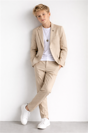 3-14 Yaş Oscar Tişörtlü Kolyeli Erkek Çocuk Takım Elbise Mezuniyet Bej