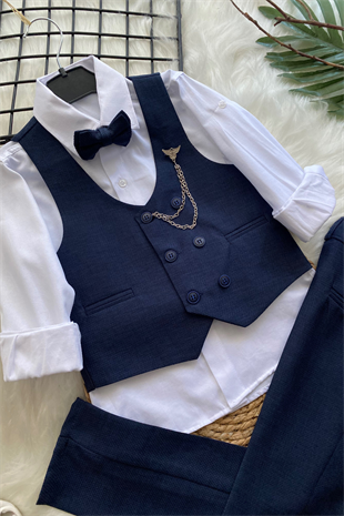 Zincir Detay Çift Düğmeli Erkek Çocuk Takım Elbise Lacivert