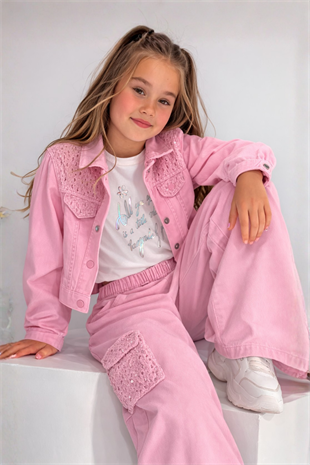 3-12 Yaş Pullu Dokuma Ceketli 3lü Kız Çocuk Takım Pembe