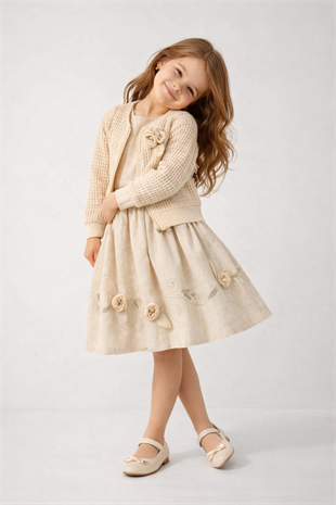 5-8 Yaş İncili Triko Hırkalı Keten Elbise Krem