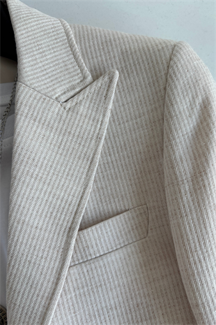 3-14 Yaş Vega Premium Çizgili Kolyeli Keten Çocuk Takım Elbise Krem