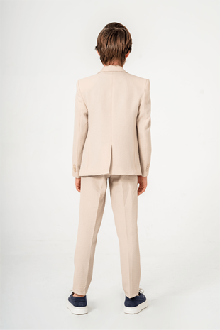 3-14 Yaş Gofre Rozetli Tişörtlü Çocuk Takım Elbise Bej