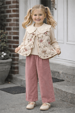 3-7 Yaş Bebe Yaka Bluz Çiçekli Yelek ve Kot Pantolonlu 3lü Kız Çocuk Takım Pembe