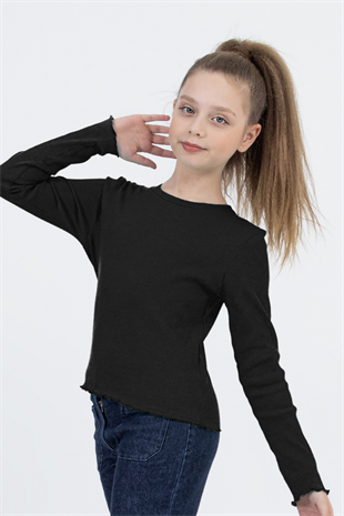 4-14 Yaş Fitilli Uzun Kollu Kız Çocuk Body Basic Siyah