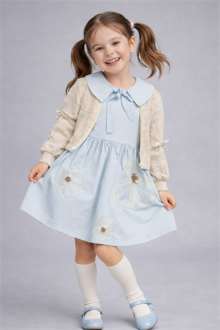 6-9 Yaş Triko Hırkalı Bebe Yaka Kız Çocuk Elbise Bebe Mavi