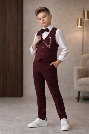 Lüks Planet Yelekli Papyonlu Erkek Çocuk Takım Elbise Bordo