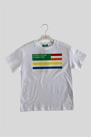 6-14 Yaş Benetton Renk Şeritli Yazı Baskı Erkek Çocuk Tişört
