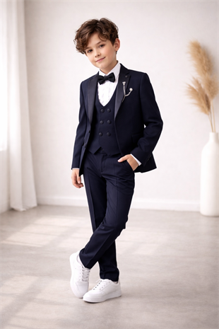 3-14 Yaş Premium Double Yaka Zincirli Erkek Çocuk Damatlık Lacivert