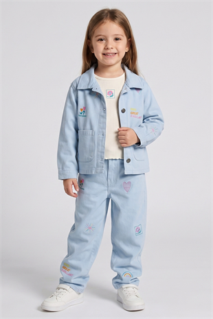 2-7 Yaş Great Nakışlı Gabardin 3lü Kız Çocuk Takım Mavi