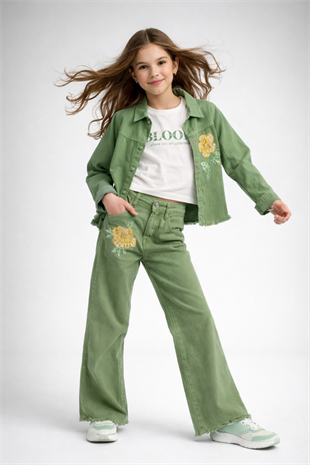 8-12 Yaş Çiçek Payetli Ceketli Gabardin  Kız Çocuk Takım Yeşil