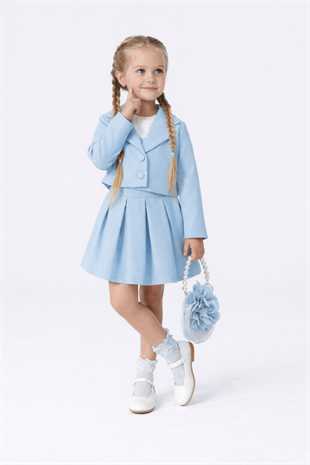 3-6 Yaş Premium Ceketli Etekli Çantalı Kız Çocuk Takım Bebe Mavi