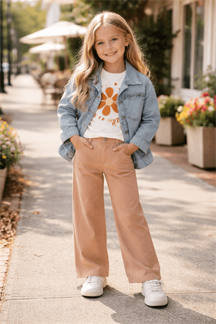 6-9 Yaş Taşlı Kot Ceket Baskılı Kot Pantolon Kız Takım Latte