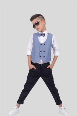 Yelekli Papyonlu 6 Düğme Çocuk Takım Elbise Mavi