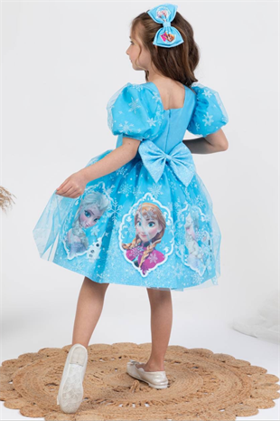 Elsa Kısa Kol Kız Çocuk Elbise Mavi Karlar Ülkesi