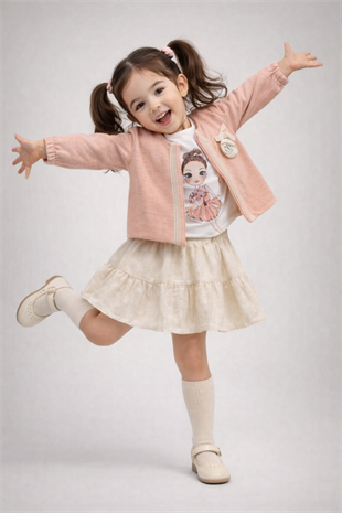 1-4 Yaş Rose Triko Hırkalı Keten Etekli Takım Pembe