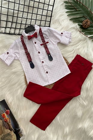 Askılı Papyonlu Desenli Erkek Çocuk Takım Elbise Kırmızı