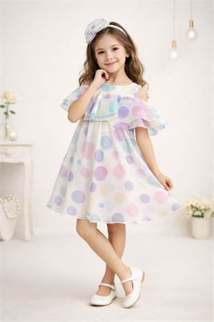 4-8 Yaş Loren Puantiyeli Kız Çocuk Abiye Elbise Pembe