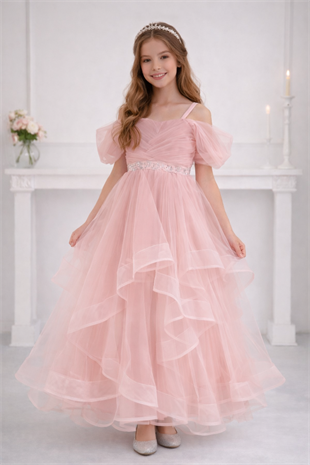 10-15 Yaş Miona Beli Taşlı Kat Kat Kız Çocuk Abiye Elbise Pudra
