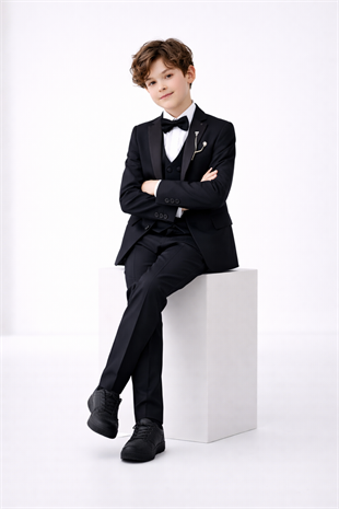 3-14 Yaş Premium Double Yaka Zincirli Erkek Çocuk Damatlık Siyah