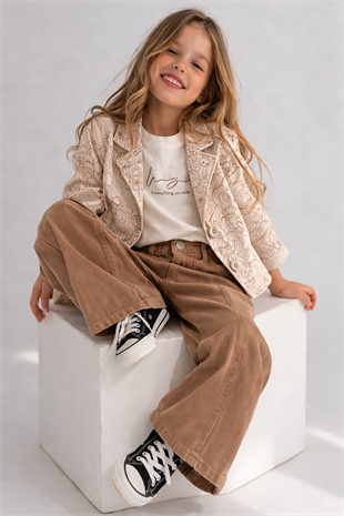 4-8 Yaş Nakış Ceketli Kız Çocuk Takım Sütlü Kahve