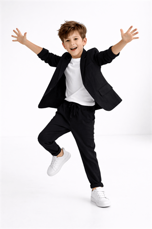 2-13 Yaş Premium Tişörtlü Başak Doku Keten Çocuk Takım Elbise Siyah