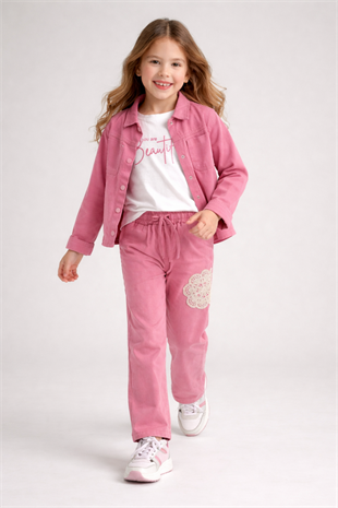 4-8 Yaş Örgü Aplikeli Gabardin Kız Çocuk Takım Gül Kurusu