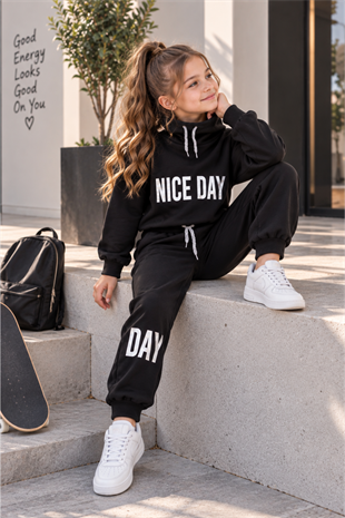 Nice Day Balıkçı Yaka Kız Çocuk Eşofman Takımı Siyah