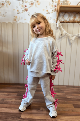 3-10 Yaş Fiyonklu Kız Çocuk Eşofman Takımı Gri
