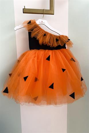 Çakıl Taş Devri Kız Çocuk Kostüm Turuncu