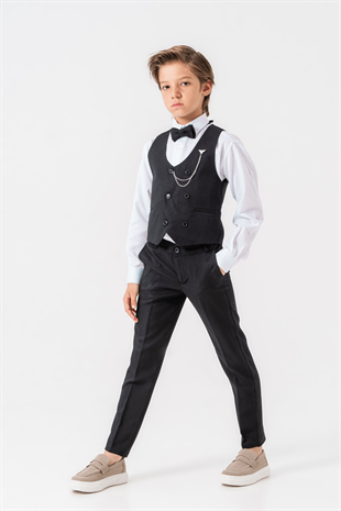 Zincir Detay Çift Düğmeli Erkek Çocuk Takım Elbise Siyah