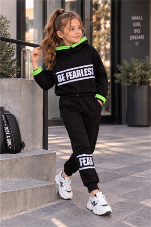 Be Fearless Balıkçı Yaka Neon Detay Kız Çocuk Eşofman Takım Siyah