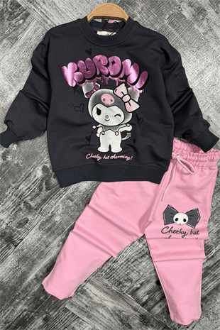 3-10 Yaş Kuromi Yaldız Baskılı Kız Çocuk Takım Pembe