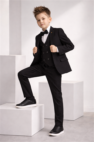1-16 Yaş Çift Düğme Yelekli Ceketli Erkek Çocuk Takım Elbise Siyah