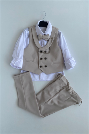 Smart Katlamalı Yelekli Çocuk Takım Elbise Bej