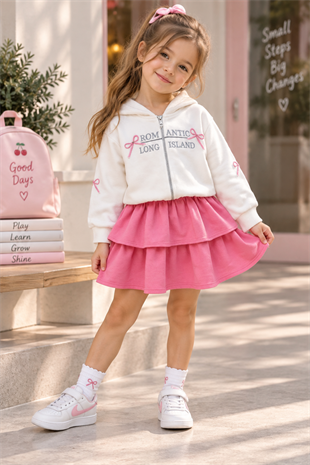 2-10 Yaş Romantik Sweat Etek Kız Çocuk Takım Pembe