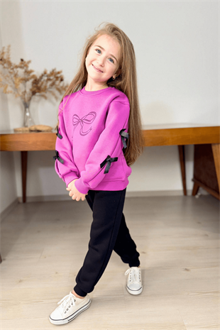 5-14 Yaş Kolları Fiyonklu Kız Çocuk Eşofman Takımı Pembe