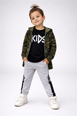 Kids Kamuflaj Kapüşonlu Ceketli 3lü Erkek Çocuk Takım
