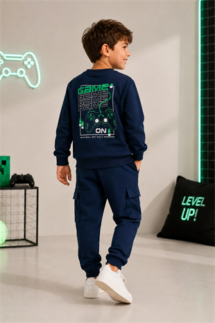 7-10 Yaş Kargo Pantolonlu Game Erkek Çocuk Eşofman Takımı İndigo Mavi