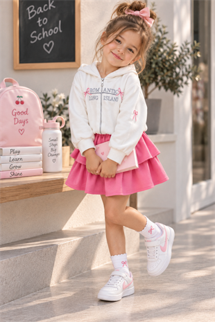 2-10 Yaş Romantik Sweat Etek Kız Çocuk Takım Pembe